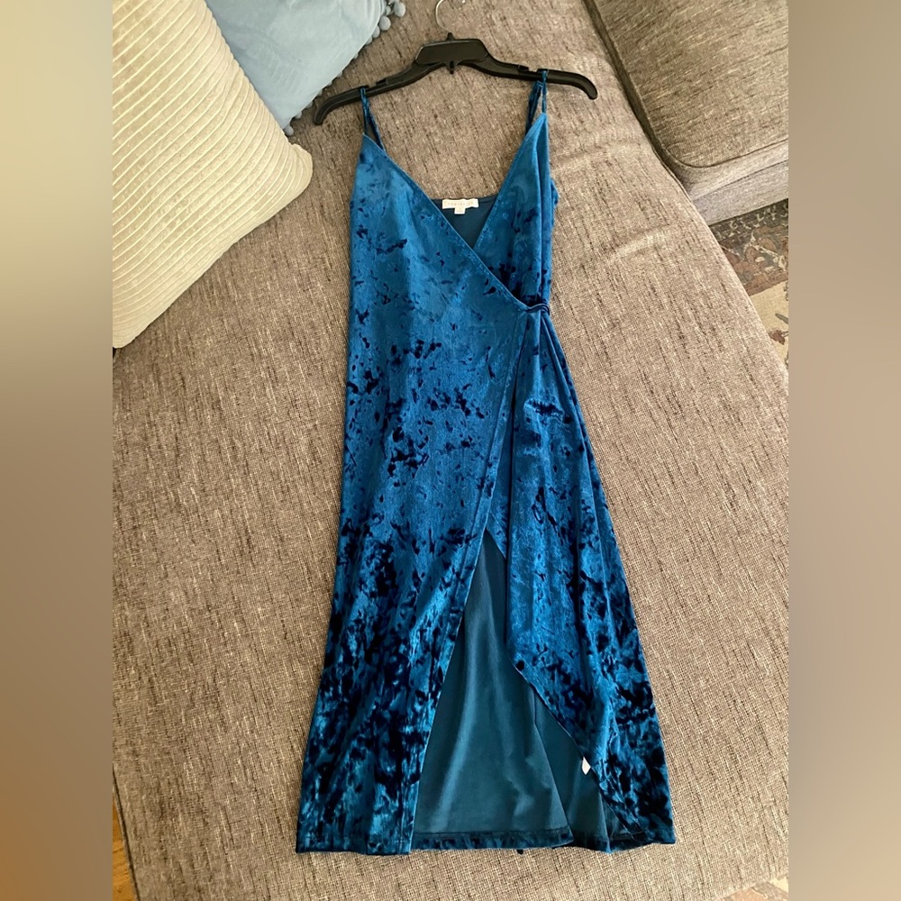 Blue velvet midi wrap dress